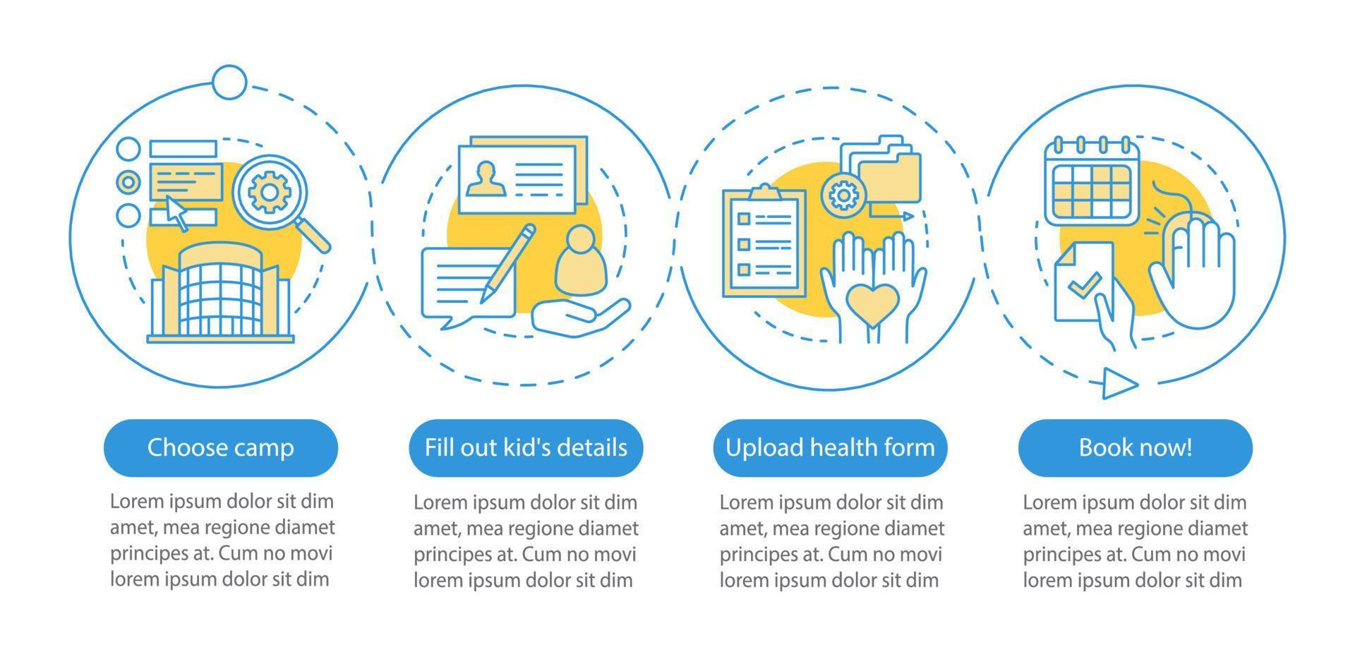 Camp-Buchung, Wahlvektor-Infografik-Vorlage. Gestaltungselemente für Geschäftspräsentationen. Datenvisualisierung mit vier Schritten und Optionen. Diagramm der Prozesszeitleiste. Workflow-Layout mit linearen Symbolen vektor