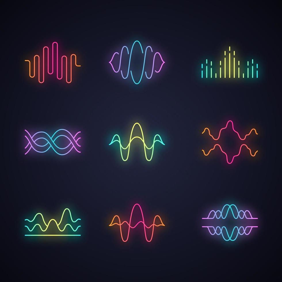 ljud och audio vågor neon ljus ikoner uppsättning. lysande tecken. röst inspelning, radio signal vågformer. digital ljudvågor. melodi amplituder nivåer. dj utjämnare frekvens. vektor isolerat illustrationer