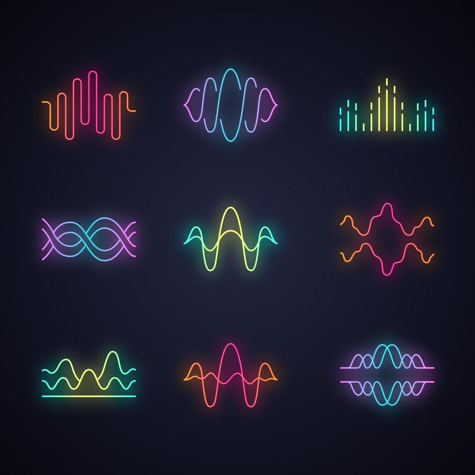 Sound- und Audiowellen-Neonlichtsymbole gesetzt. leuchtende Zeichen. Sprachaufzeichnung, Wellenformen von Funksignalen. digitale Schallwellen. Amplitudenpegel der Melodie. DJ-Equalizer-Frequenz. Vektor isolierte Illustrationen