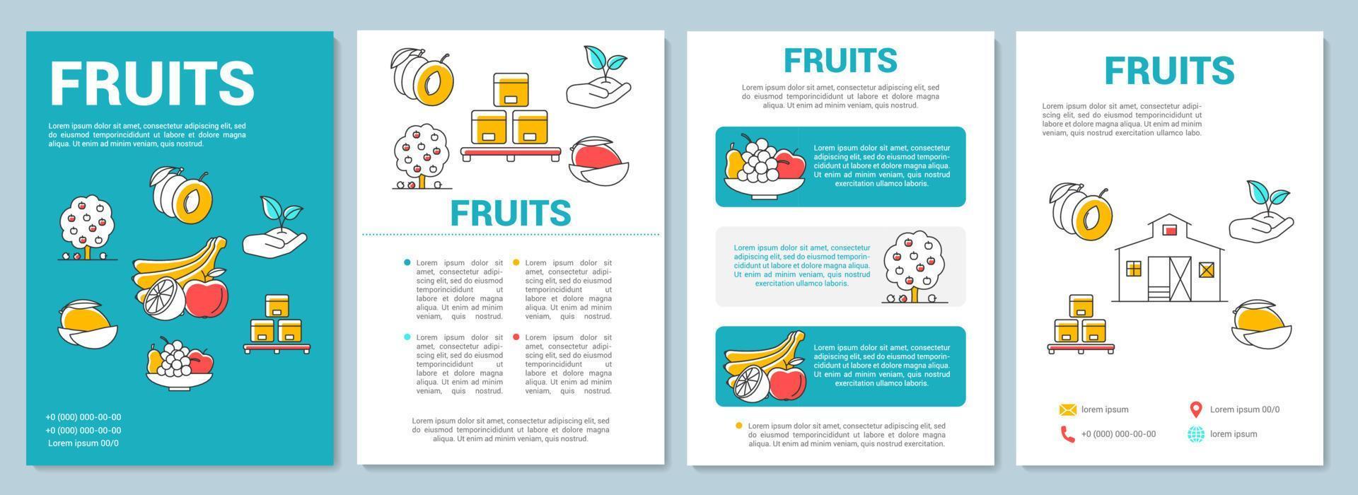 Layout der Obstproduktionsvorlage. Bio-Produkte anbauen. Flyer, Broschüre, Broschürendruckdesign mit linearen Illustrationen. Vektorseitenlayouts für Zeitschriften, Geschäftsberichte, Werbeplakate vektor