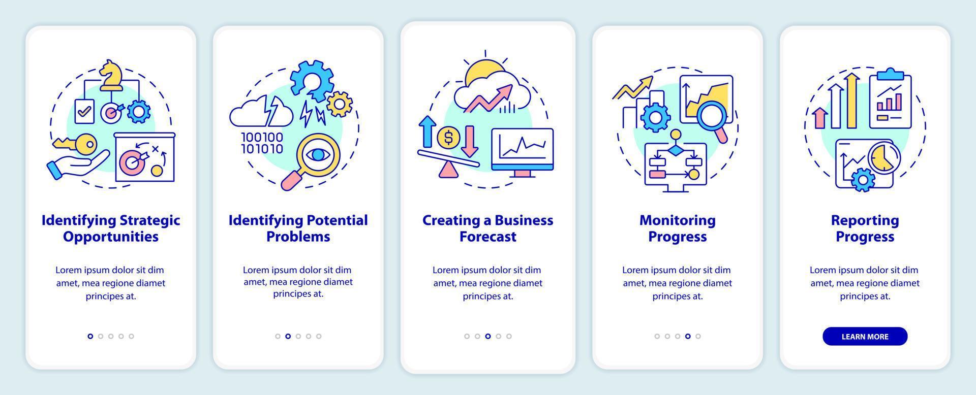 Geschäftsanalyseaufgaben beim Onboarding des Bildschirms der mobilen App. Probleme identifizieren Komplettlösung 5 Schritte grafische Anleitungsseiten mit linearen Konzepten. ui, ux, gui-Vorlage. vektor