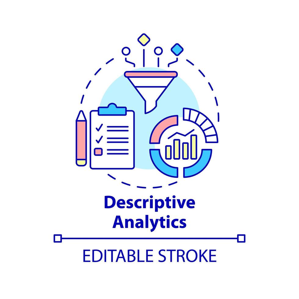 Symbol für das Konzept der deskriptiven Analyse. Art der Business Analytics abstrakte Idee dünne Linie Illustration. statistische Daten. isolierte Umrisszeichnung. editierbarer Strich. vektor