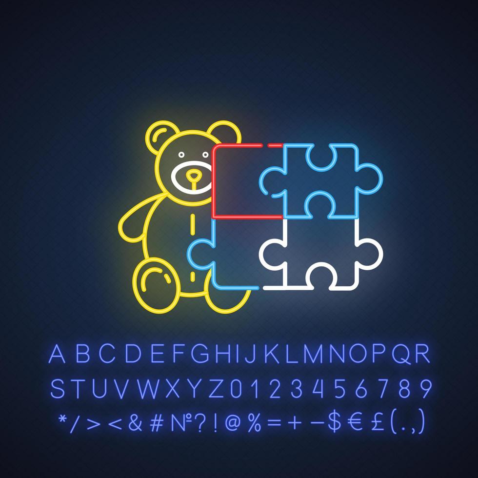 Symbol für Neonlicht für Spielzeug und Hobbys. Produkte für Kinder. Teddybär, Puzzle. E-Commerce-Abteilung, Einkaufskategorien. leuchtendes zeichen mit alphabet, zahlen und symbolen. vektor isolierte illustration