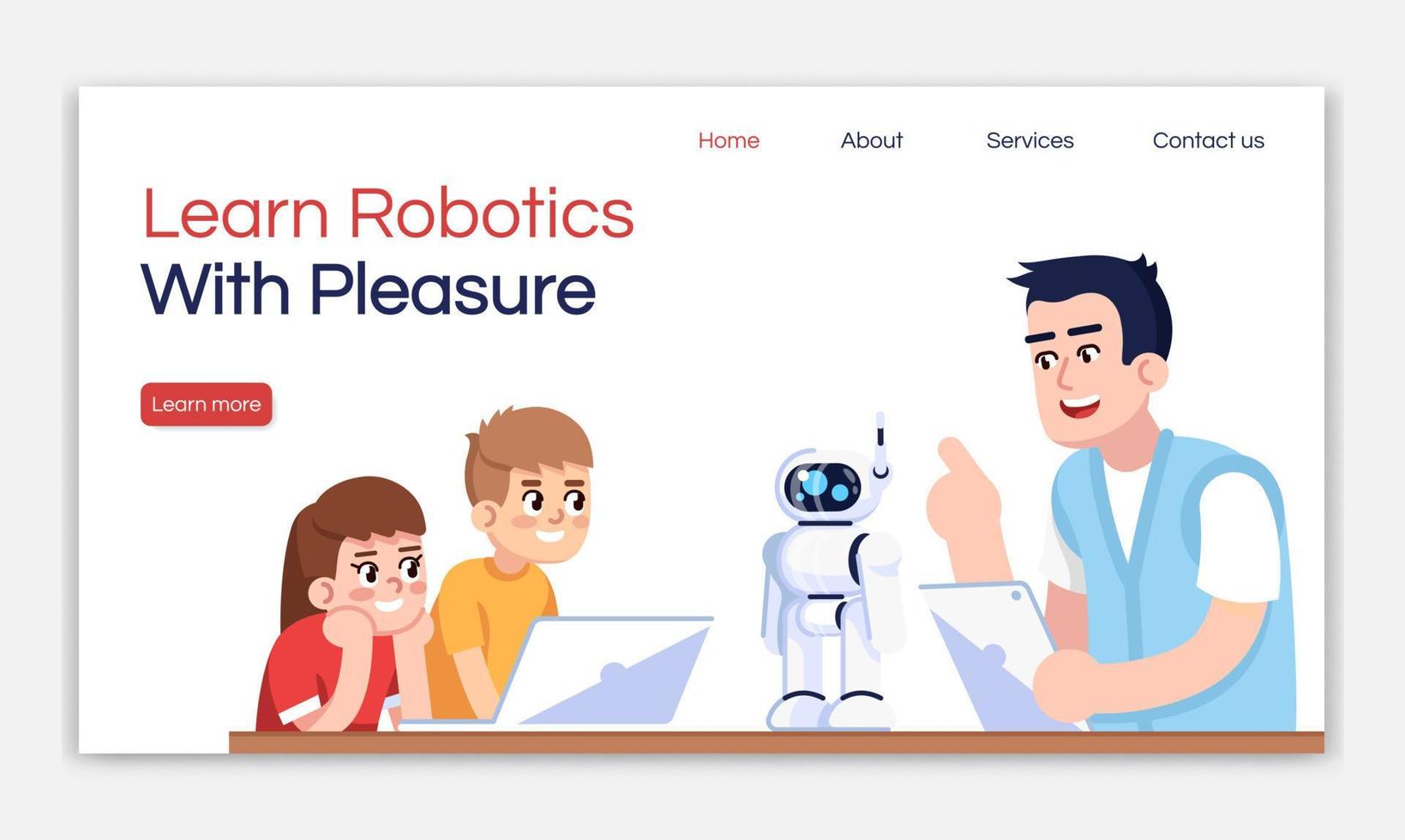 Lernen Sie Robotik mit Vergnügen Landing Page Vector Template. wissenschaftsclub für kinder website schnittstellenidee mit flachen illustrationen. Homepage-Layout der Interessenklassen. Web-Banner, Webseiten-Cartoon-Konzept