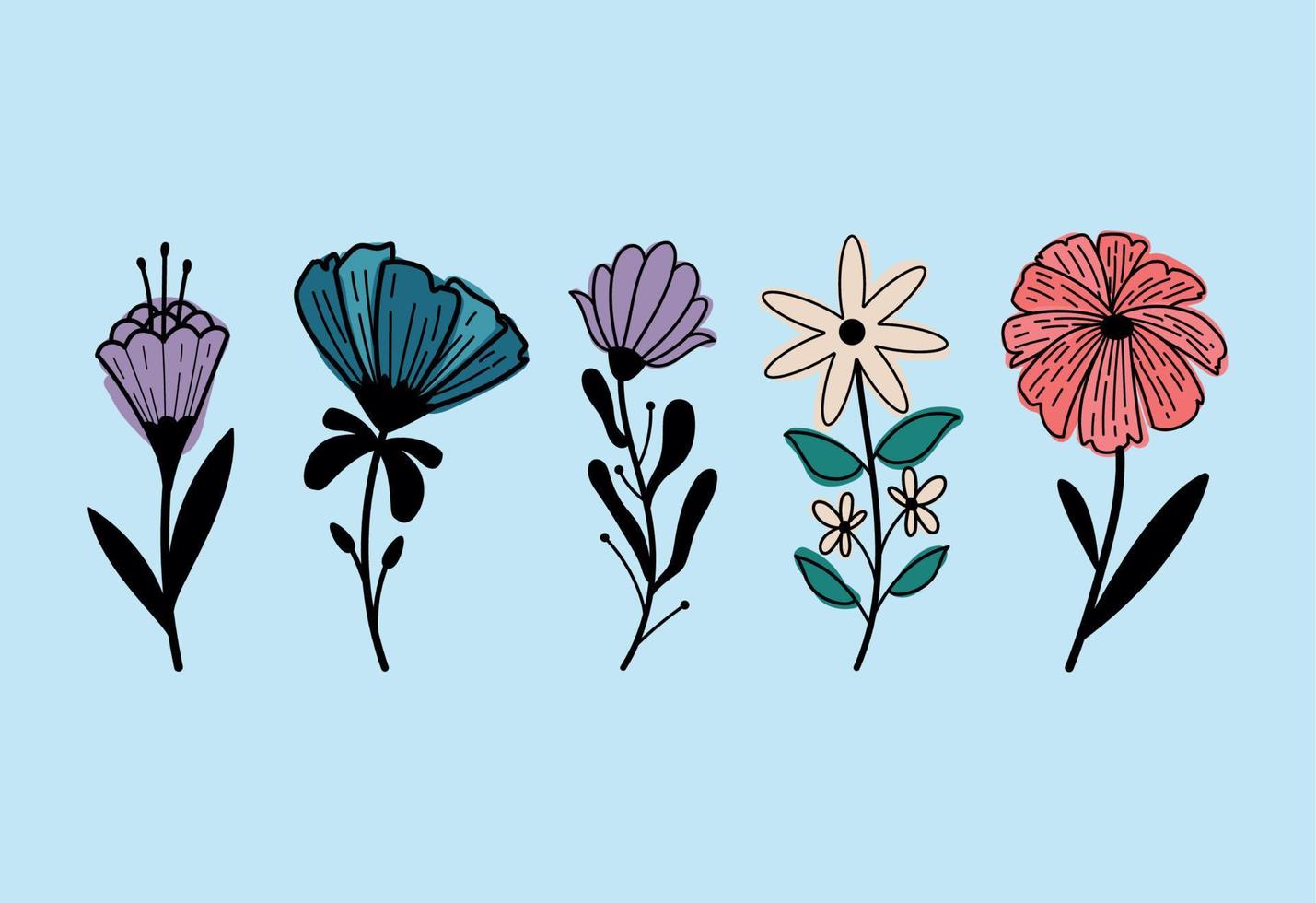 fem blommor trädgård ikoner vektor