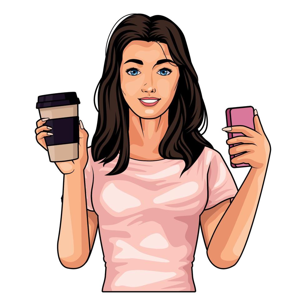 kvinna med kaffe och smartphone vektor