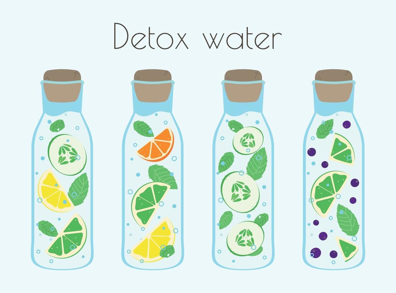 Detox-Wasser-Kit. vektorillustration von wasserflaschen und obst und gemüse. Gurkenscheiben und Zitrusfrüchte. Orange und Minze Limette. Limette und Heidelbeeren. vektor