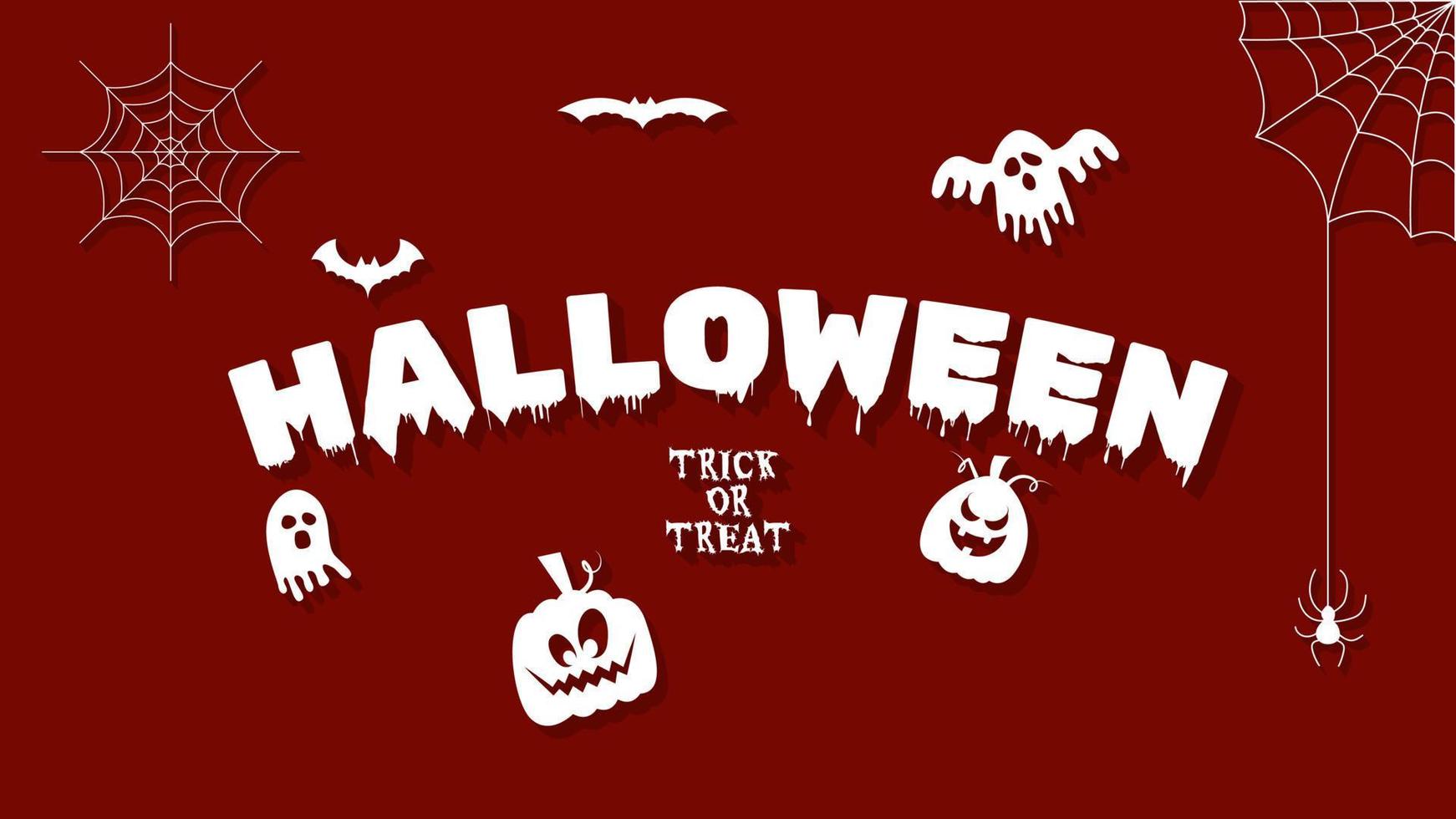 Happy Halloween-Schriftzug mit Halloween-Kürbis, Spinne, Spinnennetz, fliegender Fledermaus und Geist vektor