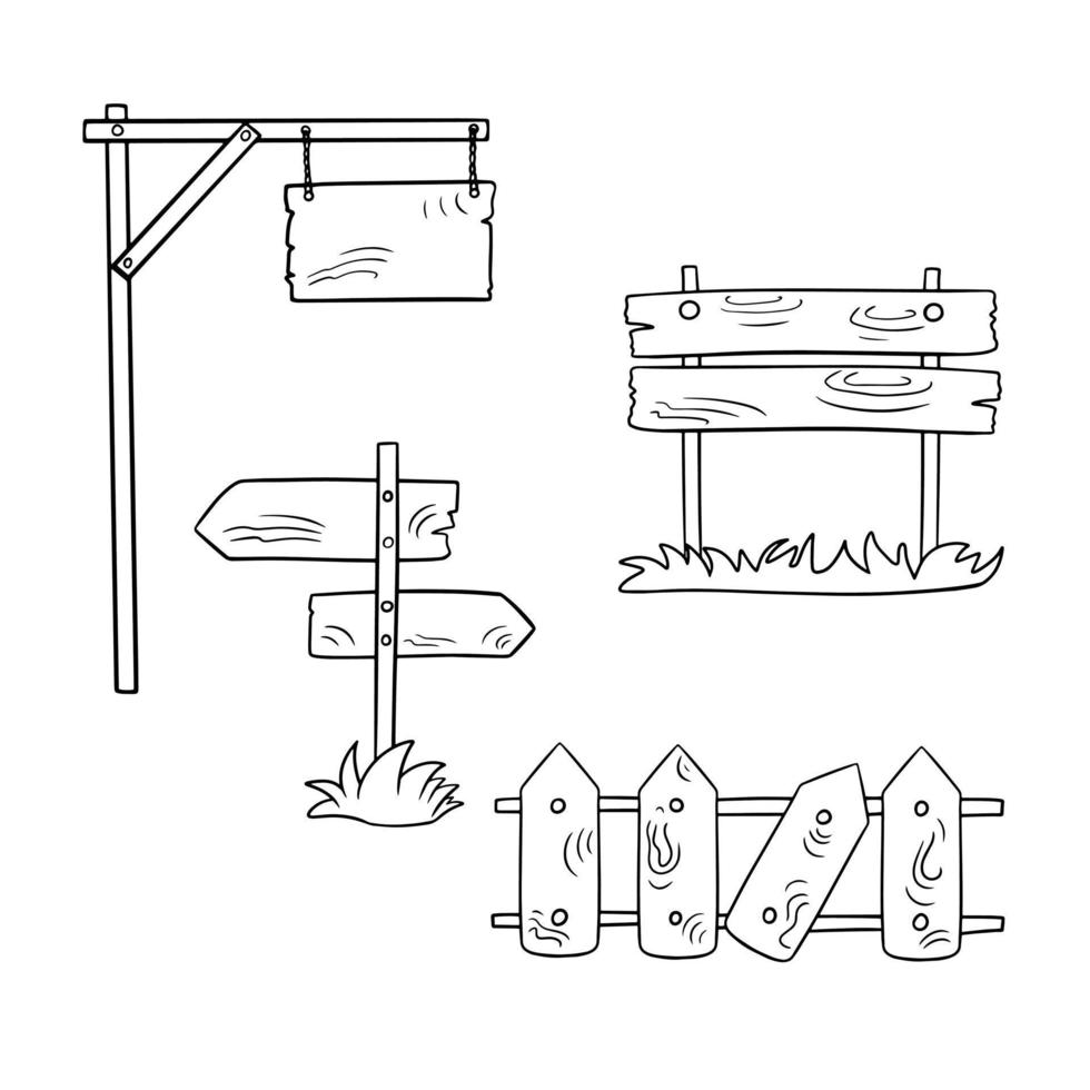 Einfarbige Reihe von Symbolen, Vintage-Holzgegenstände, ein Schild an einer hohen Stange, ein kaputter Zaun und ein Zeiger, Vektorillustration im Cartoon-Stil auf weißem Hintergrund vektor