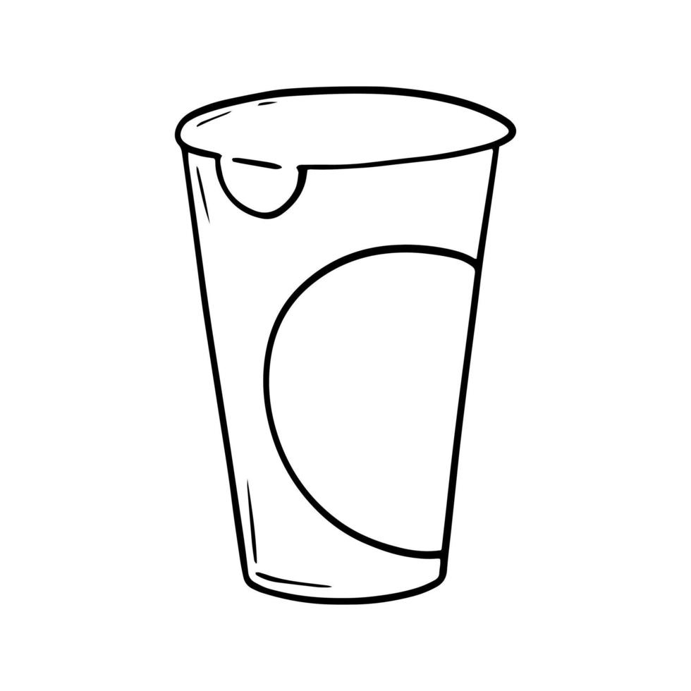 monochrome Illustration, geschlossenes hohes Plastikglas mit Joghurt, Dereart, Kopierraum, Vektor im Cartoon-Stil auf weißem Hintergrund