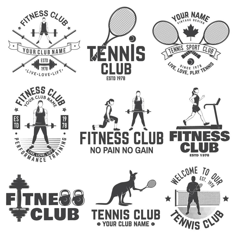 satz von fitness- und tennisclub-konzept mit mädchen, die übungen machen, und tennisspieler-silhouette. vektor