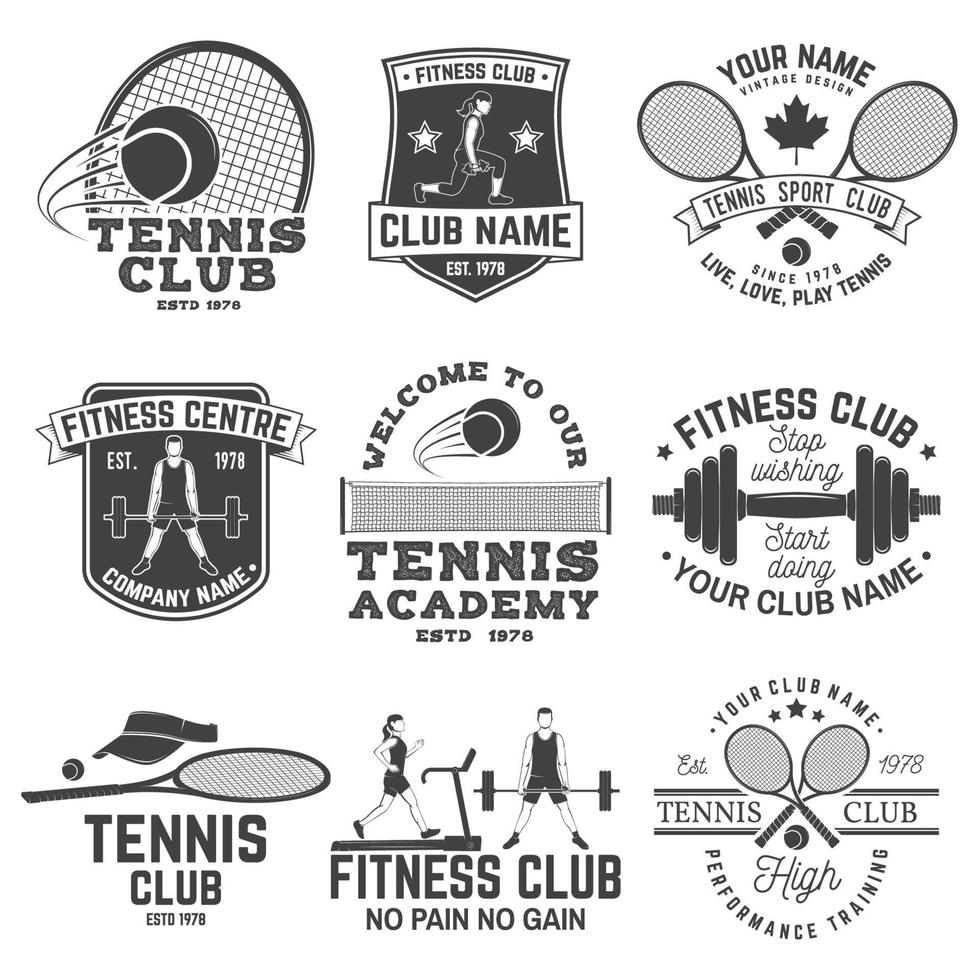 satz von fitness- und tennisclub-konzept mit mädchen, die übungen machen, und tennisspieler-silhouette. vektor