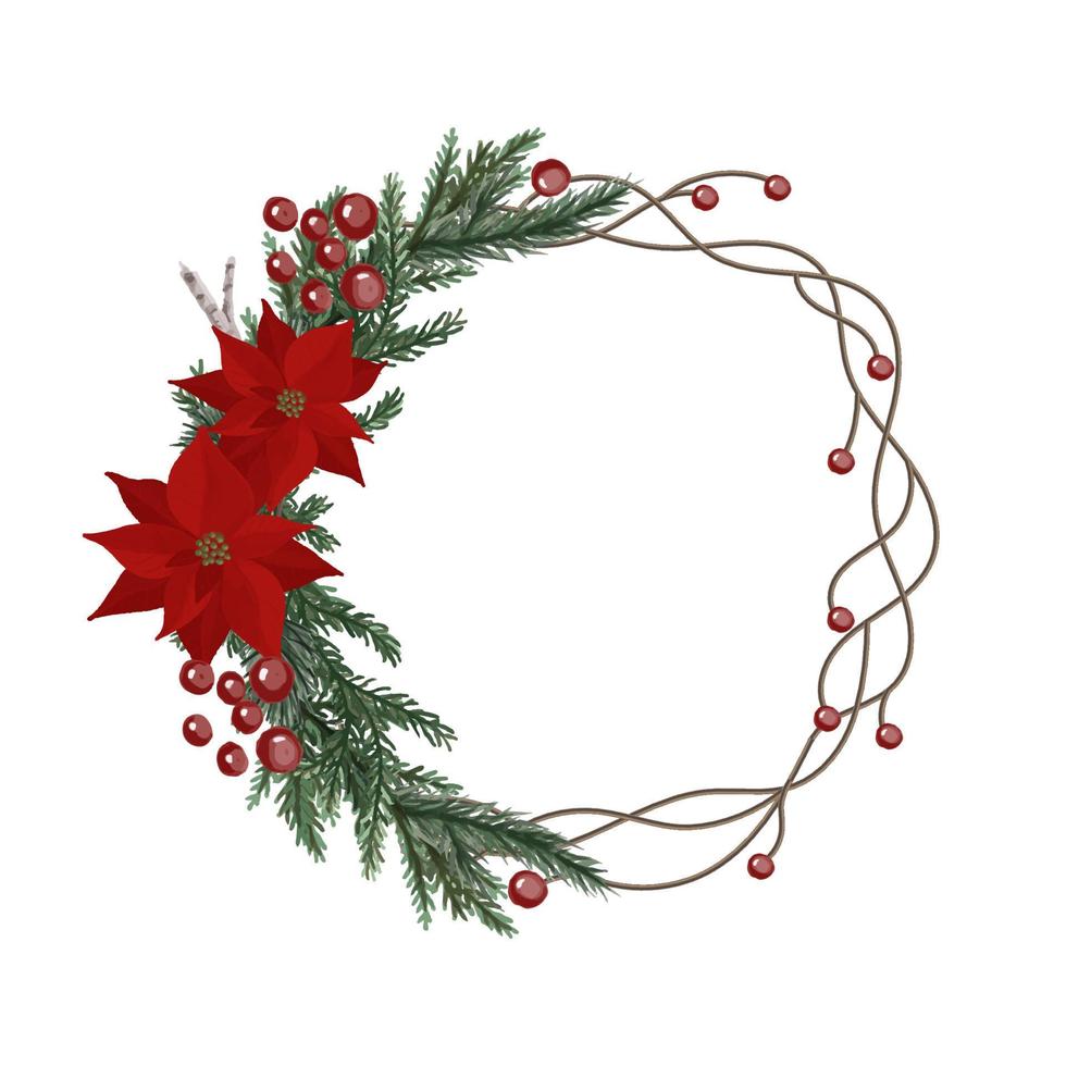 vattenfärg bär krans för jul. vinter- eco vänlig dekor för utskrift hälsning kort med gran grenar, julstjärna blomma och röd bär. vektor