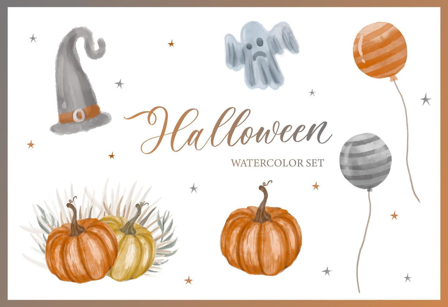 halloween-aquarellset für partyeinladung oder grußkarte mit traditionellen symbolen. vektor