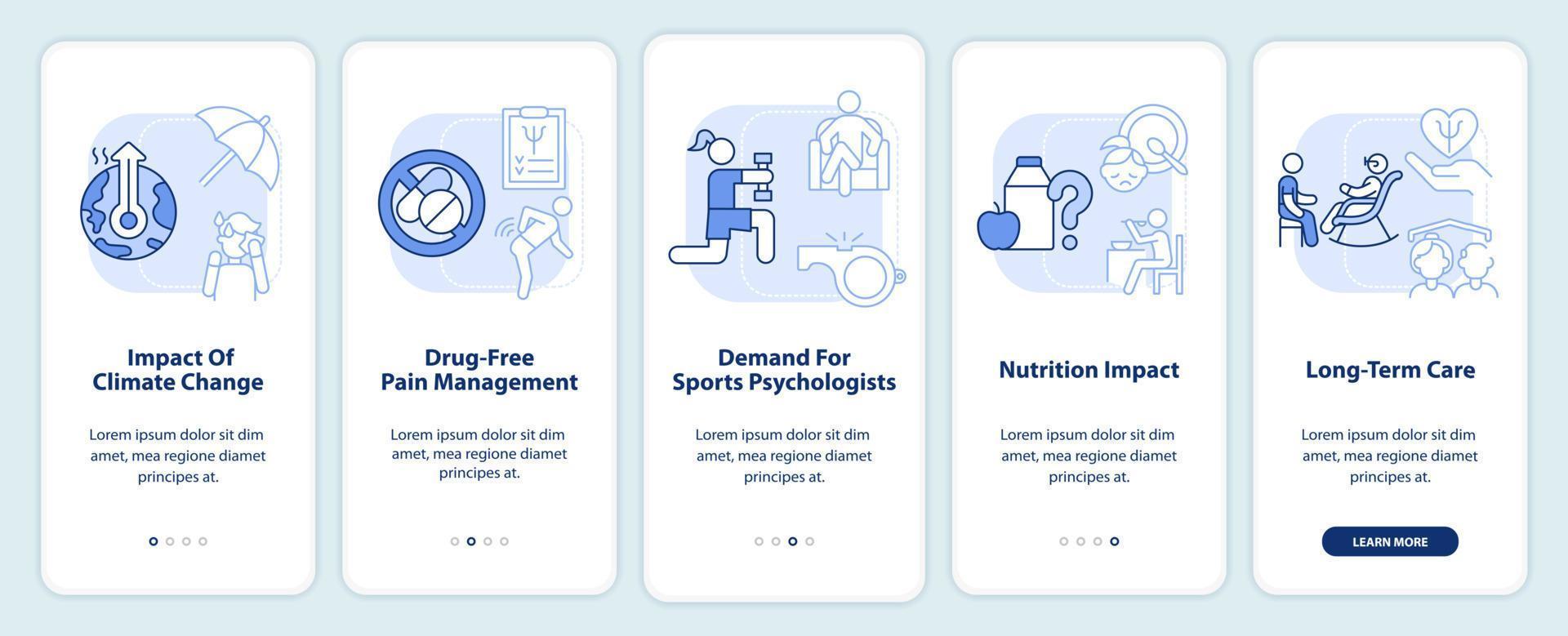 Psychologietrends hellblauer Onboarding-Bildschirm der mobilen App. Komplettlösung 5 Schritte grafische Anleitungsseiten mit linearen Konzepten. ui, ux, gui-Vorlage. vektor