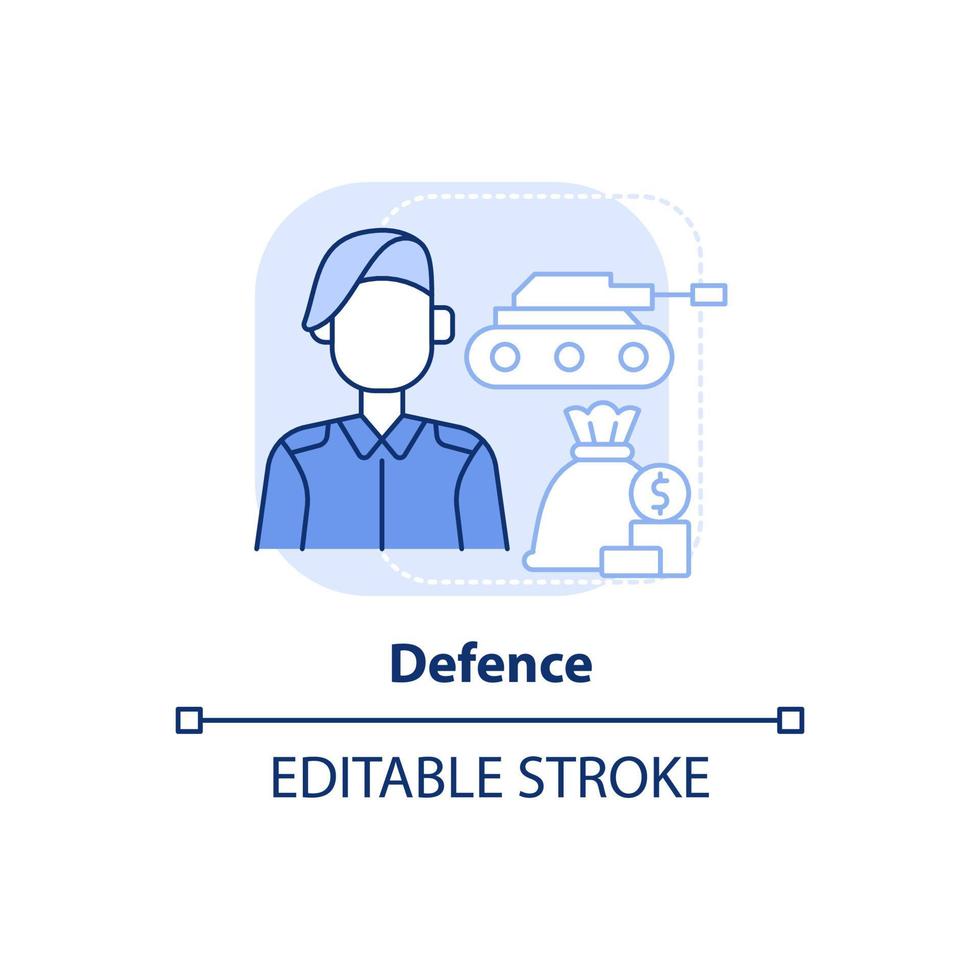 Symbol für das hellblaue Konzept der Verteidigung. finanzielle Unterstützung. militärische Kräfte. Ausgaben abstrakte Idee dünne Linie Illustration. isolierte Umrisszeichnung. editierbarer Strich. vektor