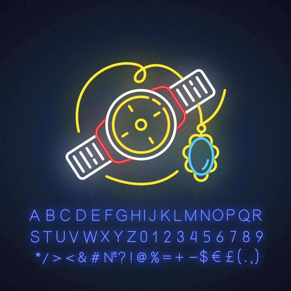 Symbol für Neonlicht für Schmuck und Uhren. Halskette, Armband mit Edelstein. E-Commerce-Abteilung, Einkaufskategorien. leuchtendes zeichen mit alphabet, zahlen und symbolen. vektor isolierte illustration