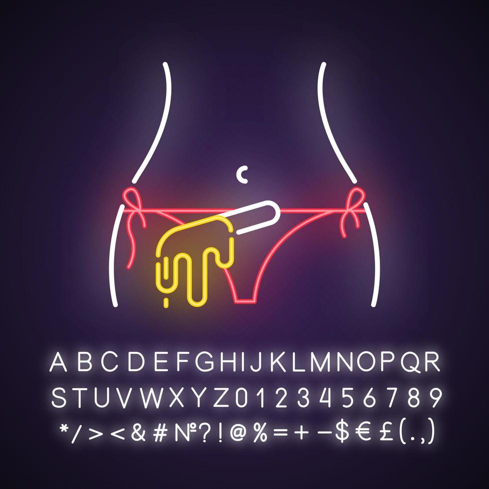 Symbol für Neonlicht beim Wachsen des Bikinis. Verfahren zur Haarentfernung bei Frauen. Enthaarung mit natürlich weichem Heißwachs. Schönheitsbehandlung. leuchtendes zeichen mit alphabet, zahlen und symbolen. vektor isolierte illustration