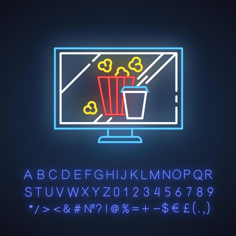 Symbol für Neonlicht für Filme und Fernsehen. Filme, Fernsehsendungen. Popcorn und Getränke. E-Commerce-Abteilung, Einkaufskategorien. leuchtendes zeichen mit alphabet, zahlen und symbolen. vektor isolierte illustration