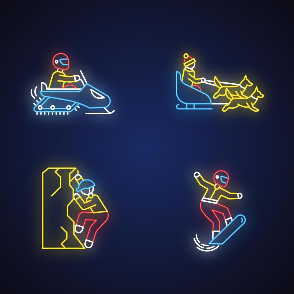 Neonlicht-Symbole für extreme Winteraktivitäten gesetzt. riskanter Sport, Abenteuer. Outdoor-Freizeit in der kalten Jahreszeit. Snowboarden, Eisklettern, Schneemobilfahren und Hundeschlittenfahren. Vektor isolierte Illustrationen