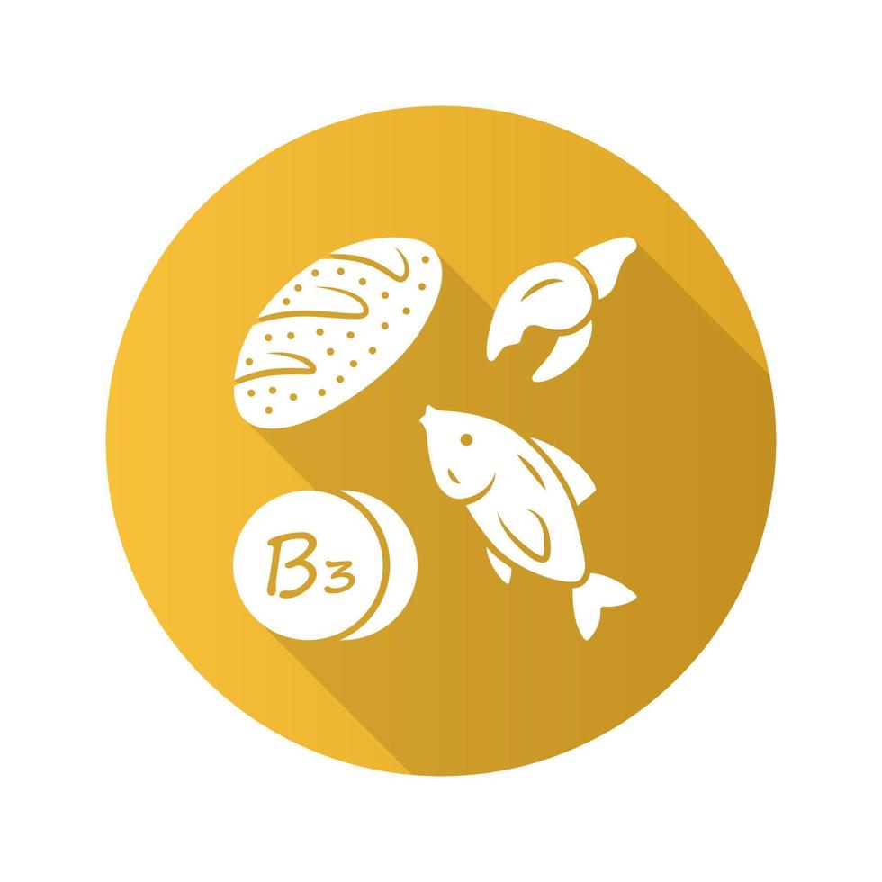 vitamin b3 gul platt design lång skugga glyf ikon. bröd, fisk och skaldjur. nikotiniskt syra. vitamin pp, niacin naturlig mat källa. mineraler och antioxidanter. vektor silhuett illustration