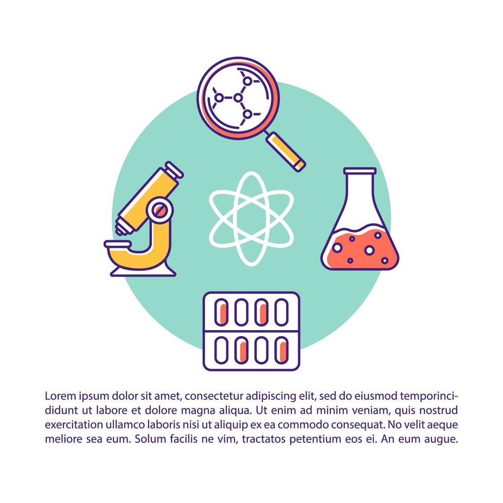 Vektorvorlage für Artikelseiten zur pharmazeutischen Forschung. Drogenhandel. broschüre, magazin, broschürengestaltungselement mit linearen symbolen und textfeldern. Druckdesign. konzeptillustrationen mit textraum vektor