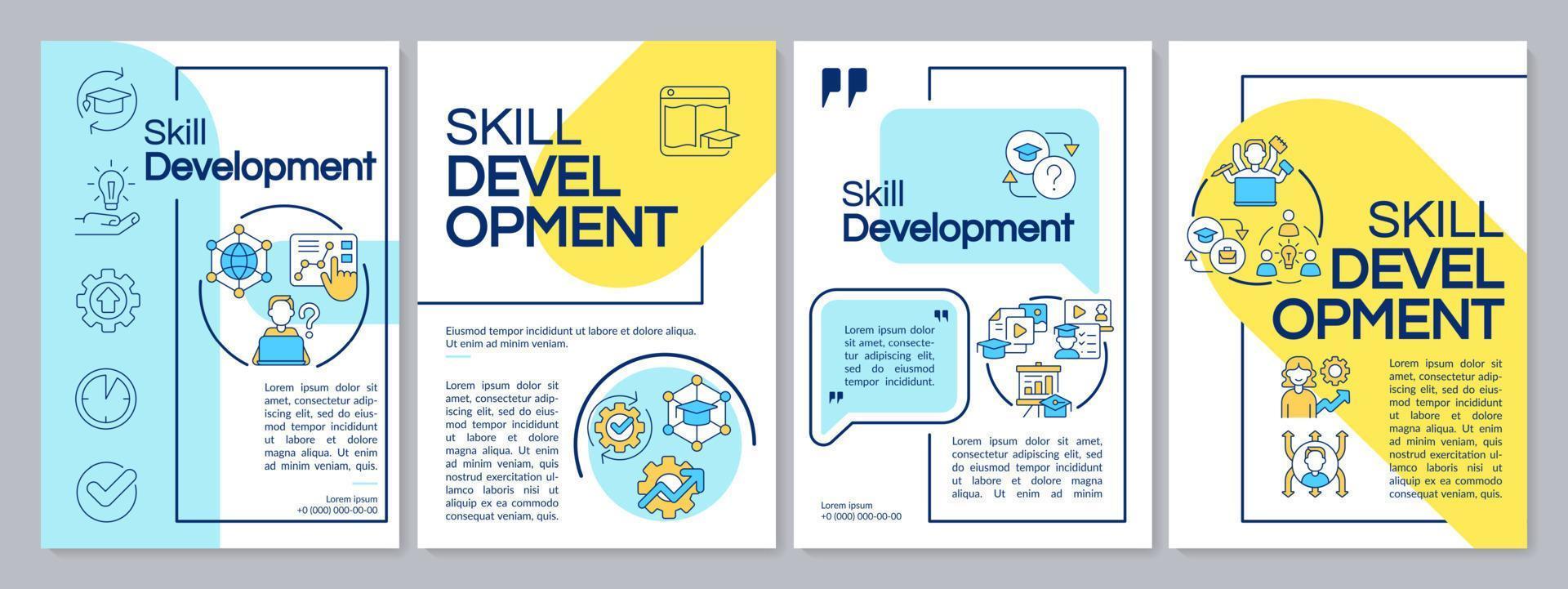 blaue und gelbe broschürenvorlage zum lernen von fähigkeiten. Steigerung der Mitarbeiterproduktivität. Broschürendesign mit linearen Symbolen. 4 Vektorlayouts für Präsentationen, Jahresberichte. vektor