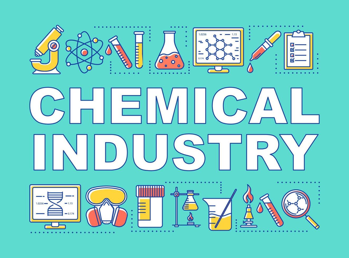 Banner für Wortkonzepte der chemischen Industrie. Herstellung von Industriechemikalien. Laborforschung. Präsentation, Webseite. isolierte Schrifttypografie-Idee mit linearen Symbolen. Vektor-Umriss-Abbildung vektor