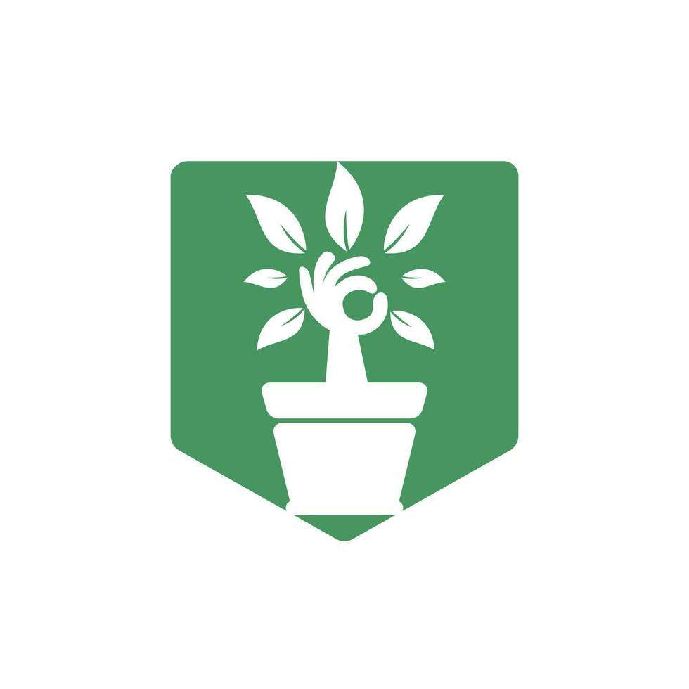 ekologisk trädgård vektor logotyp design. hand träd med blomma pott ikon design.