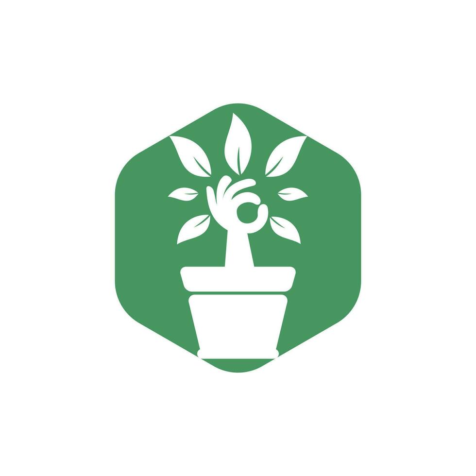 ekologisk trädgård vektor logotyp design. hand träd med blomma pott ikon design.