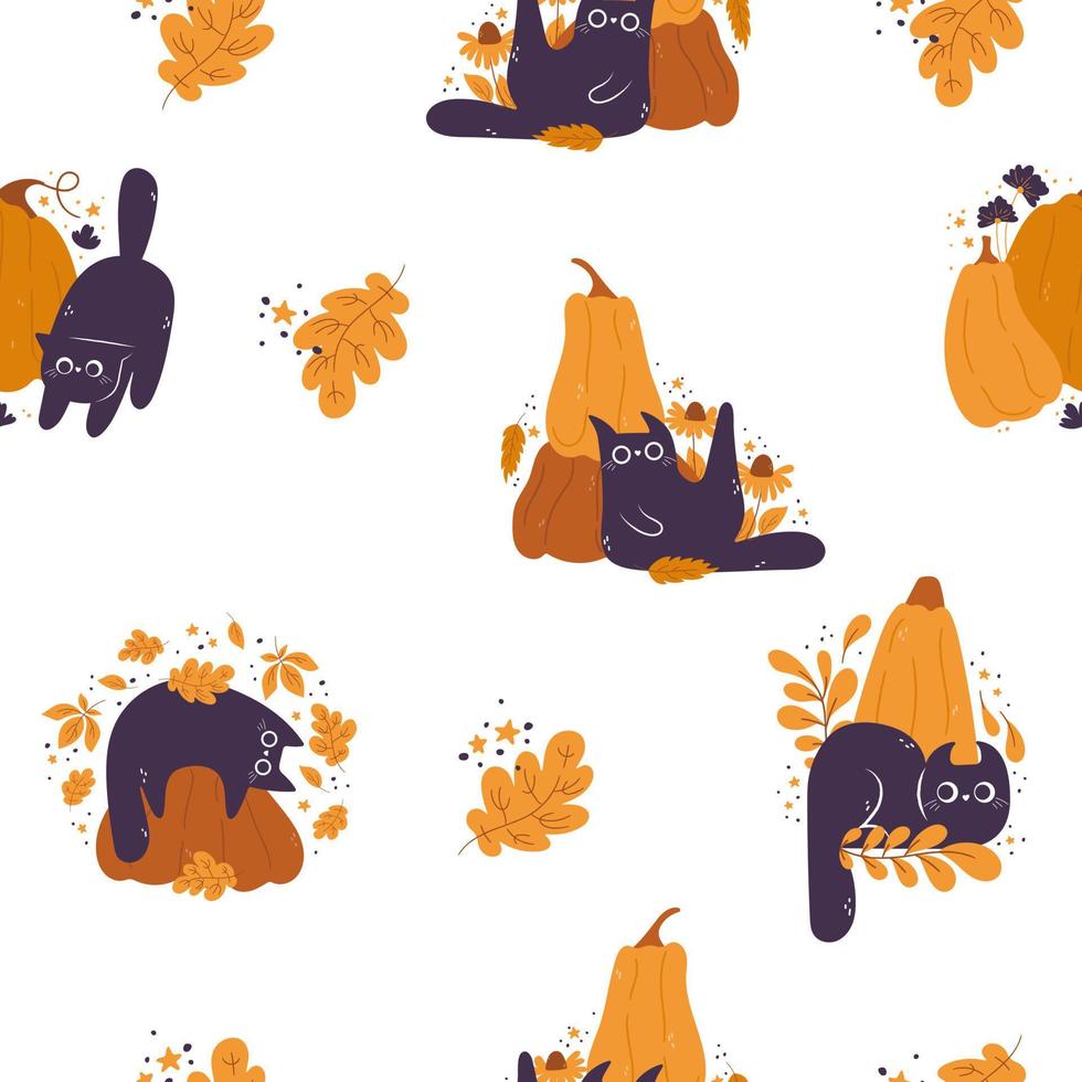 Nahtloses Muster mit süßen Kürbissen und Katzen. Muster für Kindergartenkinder. kawaii kürbisherbstfiguren. Vektormuster perfekt für Stoff, Einladungen, Poster, Druck vektor