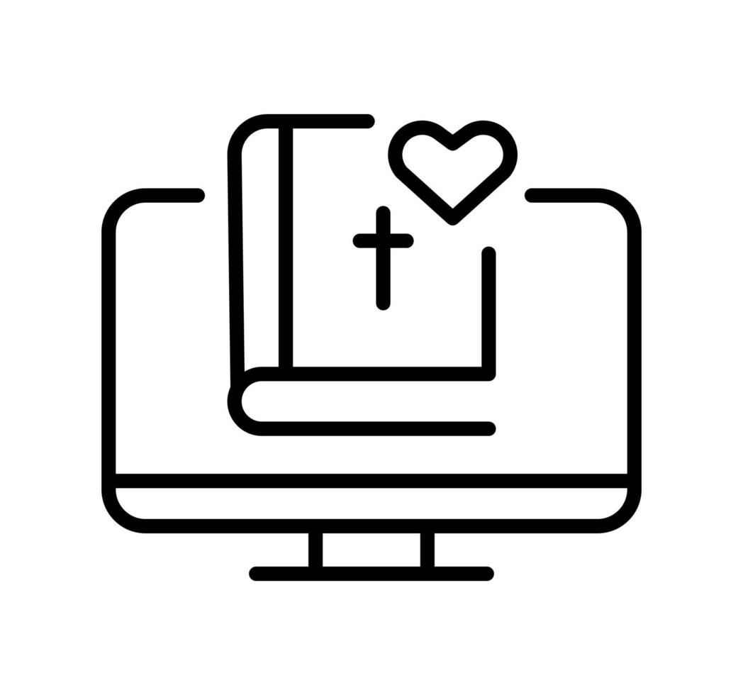 monitor mit heiliger bibel und herzumrisslogo. Symbol für den Vektor der Computerlinie. Lineares Zeichen für mobiles Konzept und Online-Webdesign. Symbolillustrationsgraphik