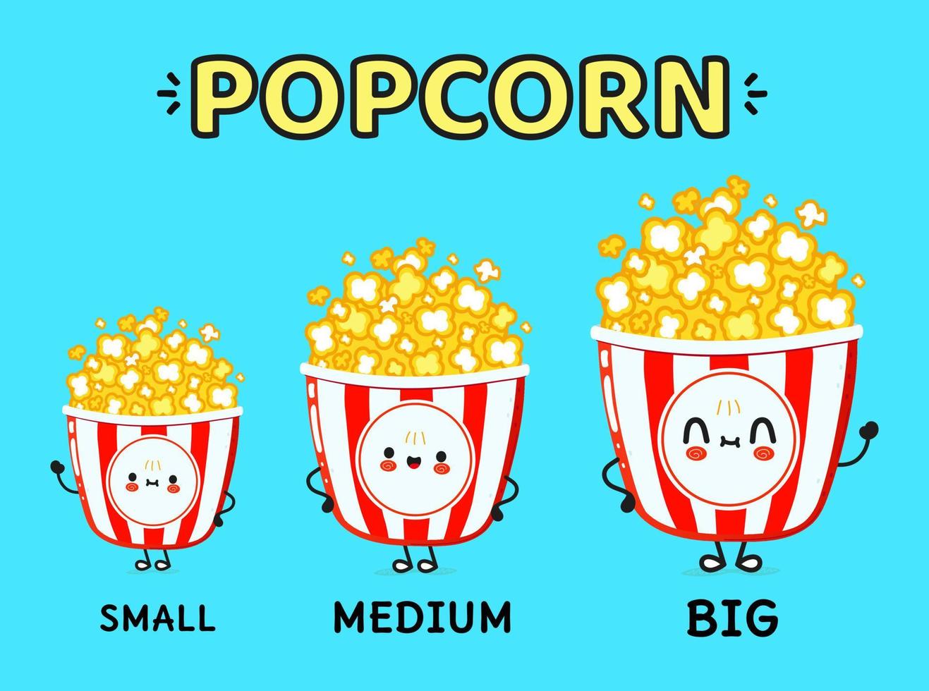 satz popcornvektoren unterschiedlicher größe isoliert auf blau. Illustration einer kleinen, mittleren und großen Popcorn-Sammlung vektor
