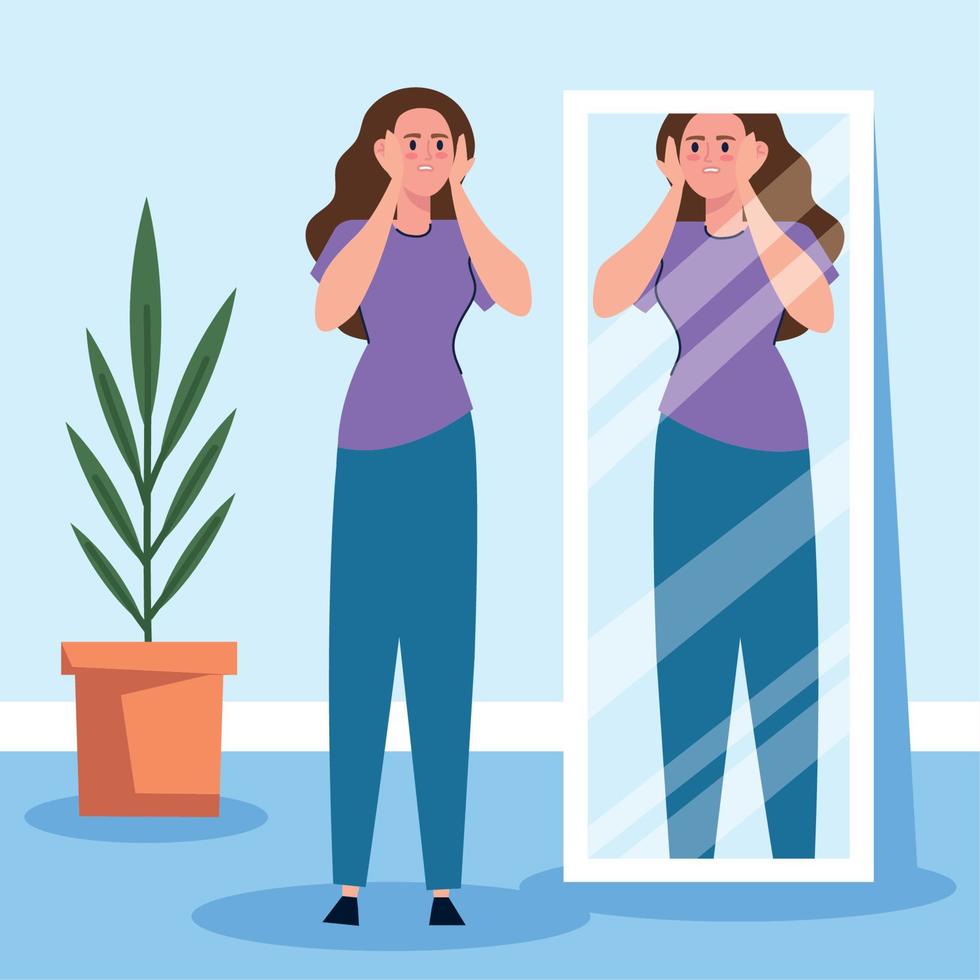 ledsen kvinna ser fett i spegel vektor