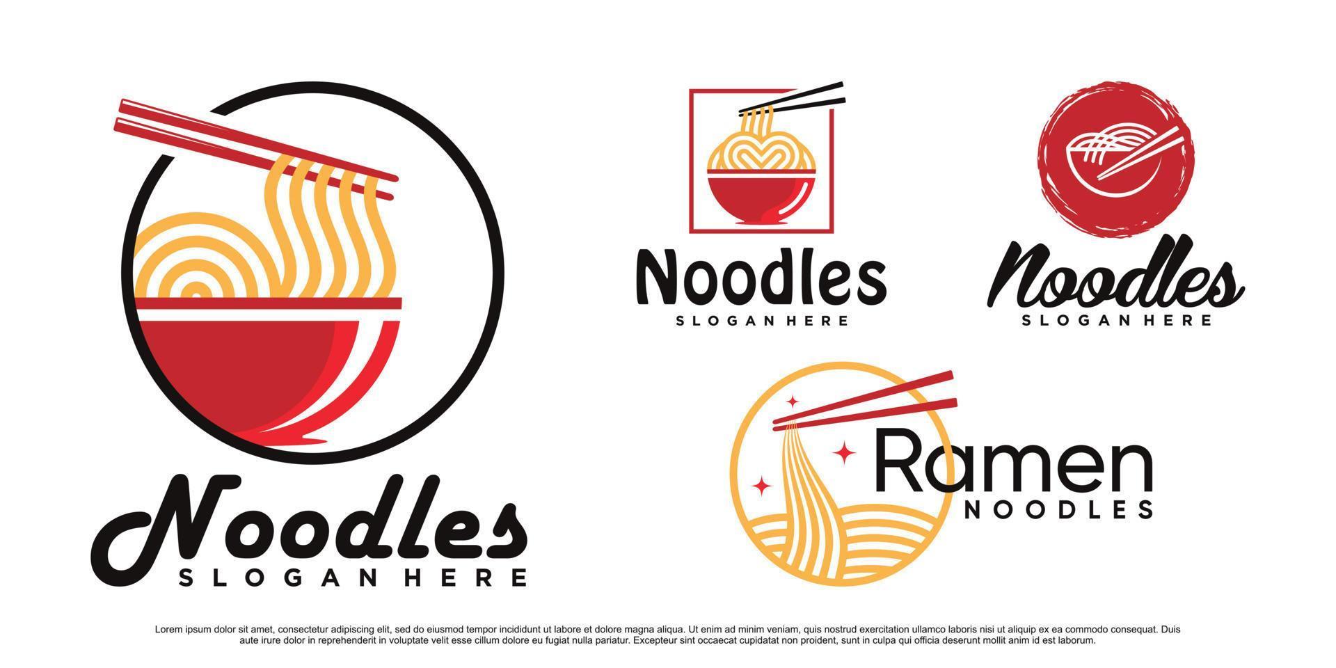 uppsättning av nudel logotyp design illustration för Ramen ikon med skål och kreativ begrepp premie vektor