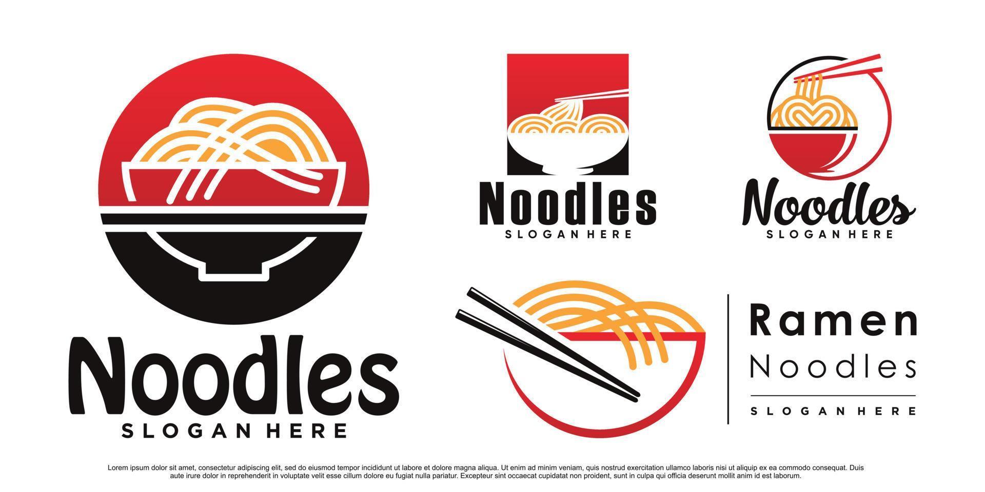 uppsättning av Ramen nudel ikon logotyp design bunt med skål, matpinne och kreativ begrepp premie vektor