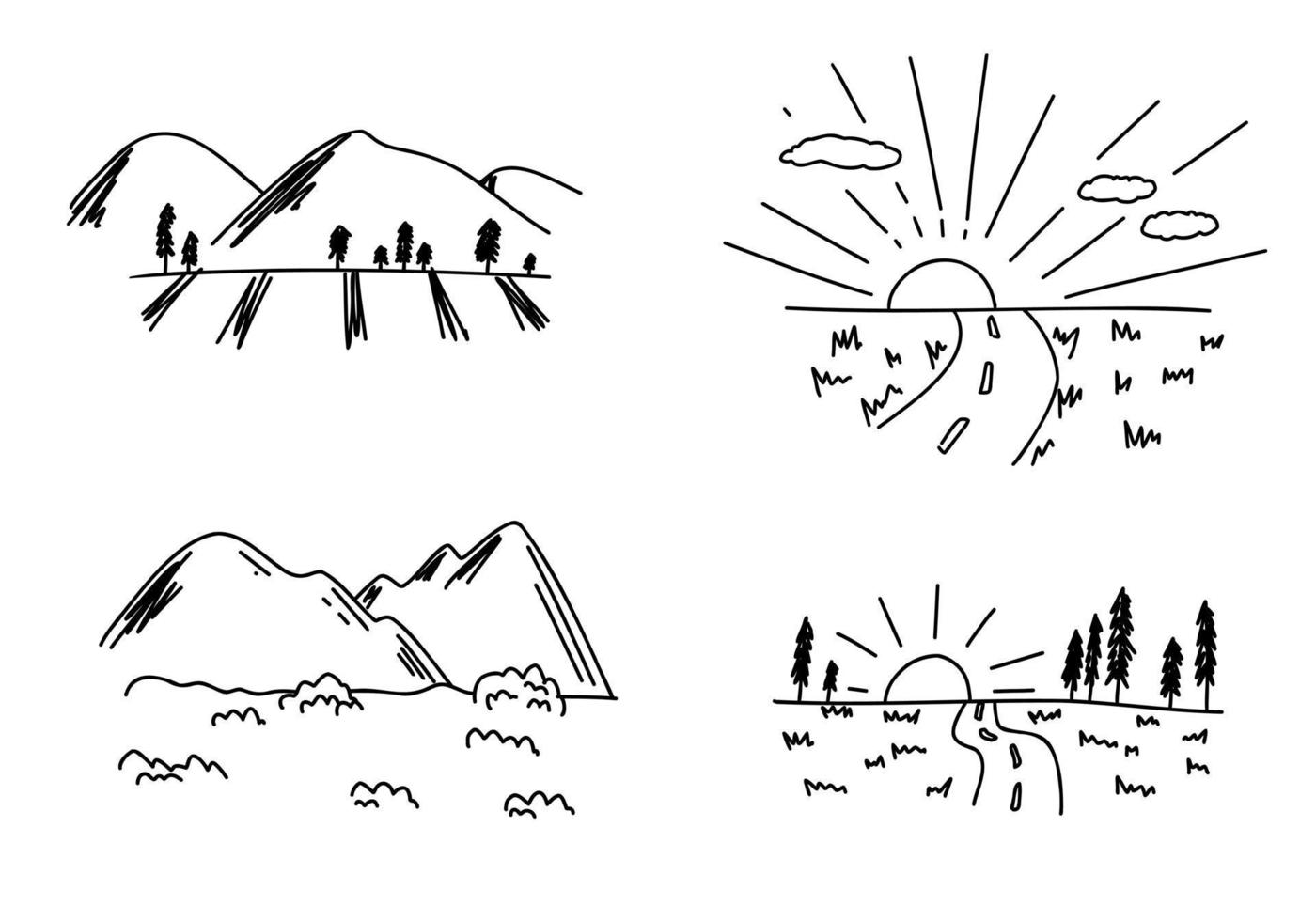 klotter söt berg, natur, vandra, isolerat linje logotyp samling. hand dragen vektor illustrationer morgon- och solnedgång uppsättning.