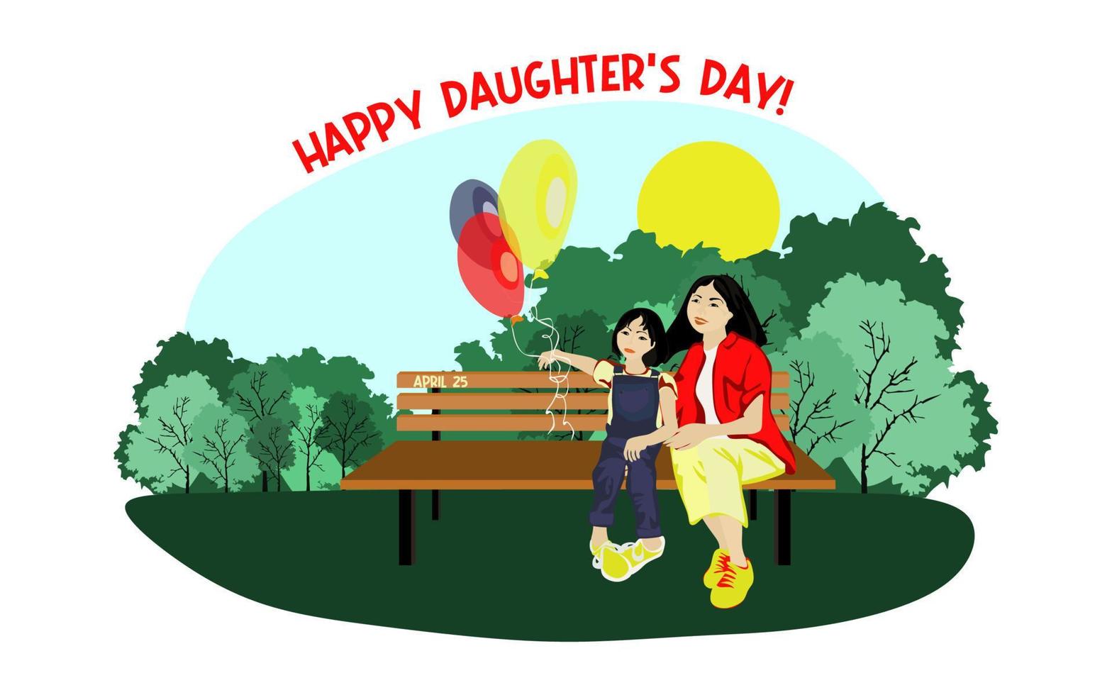 glückliche asiatische familie sitzt bei sonnigem wetter mit luftballons auf einer parkbank. familie, mütter, kinder, väter, söhne, töchter, geschwistertagesfeier konzeptionelles vektordesign. vektor