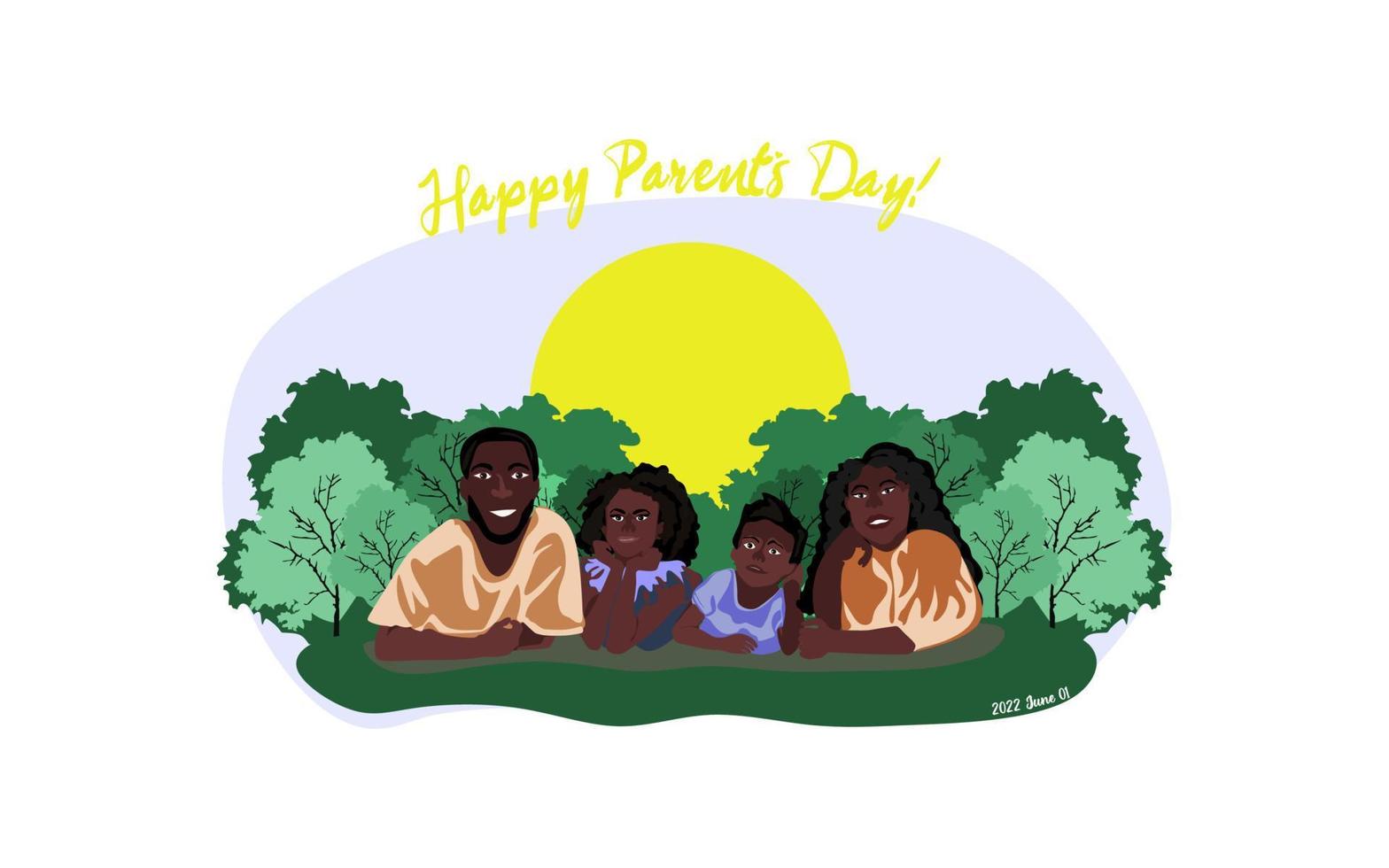 glücklicher globaler tag der elternvektorillustration. konzeptionelles weltelterntagsdesign, banner oder karte. glückliche afroamerikanische familie liegt auf dem gras im park vektor