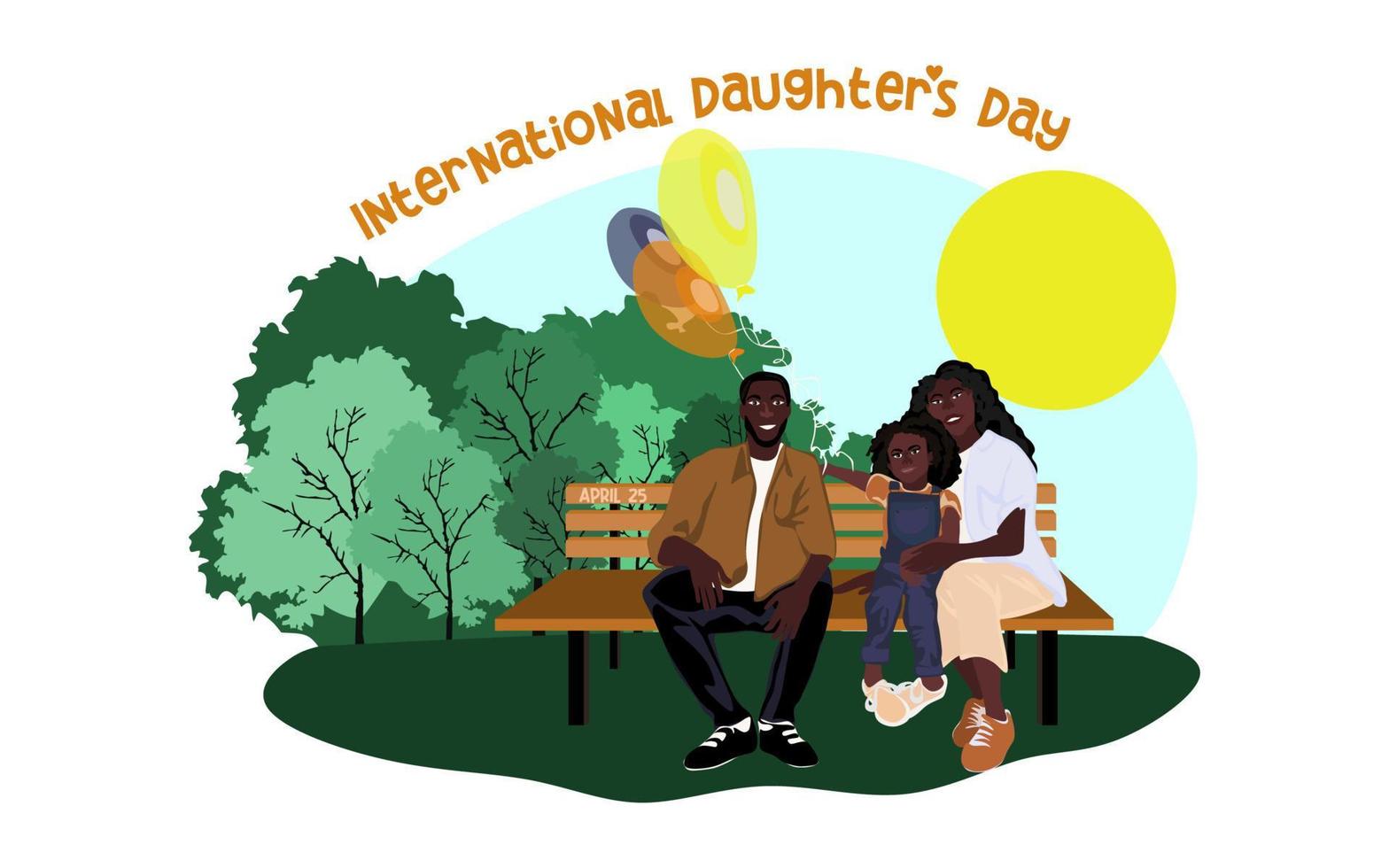 Lycklig afrikansk amerikan familj sitter på en parkera bänk i solig väder med ballonger. familj, mammor, barns, fäder, söner, döttrar, syskon dag firande konceptuell vektor design.