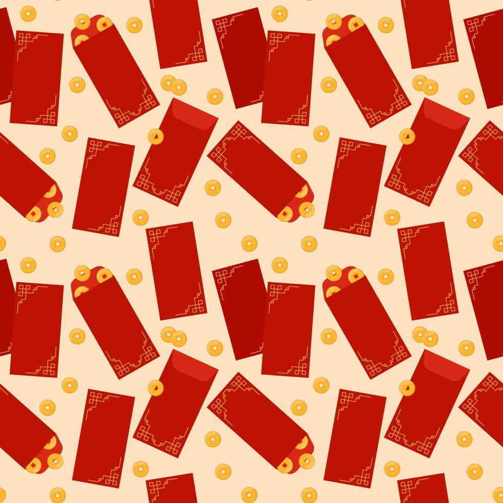 Angpao nahtloser Hintergrund. Vektormuster mit Hongbao-roten Umschlägen. chinesisches festliches traditionelles geschenk mit münzen, geld für neujahr, geburtstag, hochzeit und andere feiertage. flache Wiederholungsabbildung vektor