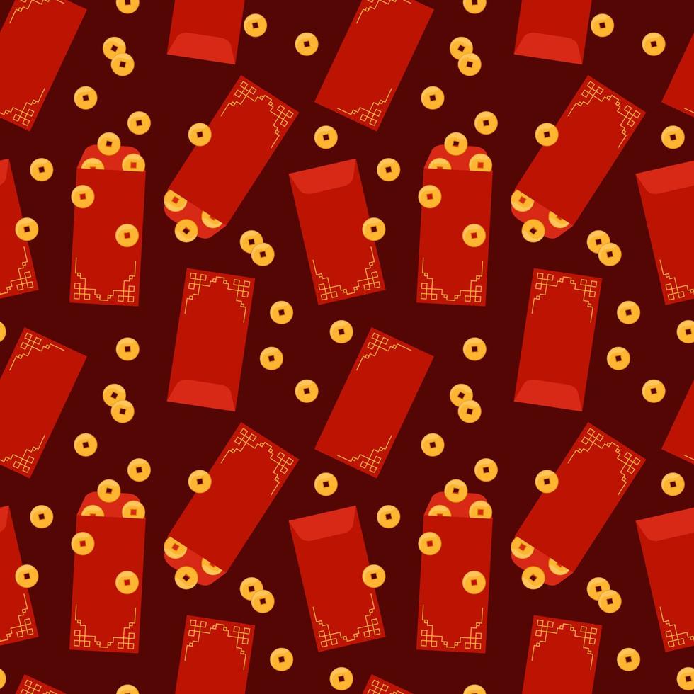 angpao sömlös mönster. vektor bakgrund med hongbao röd kuvert. kinesisk festlig traditionell gåva med mynt, pengar för ny år, födelsedag, bröllop och Övrig högtider. platt upprepa illustration