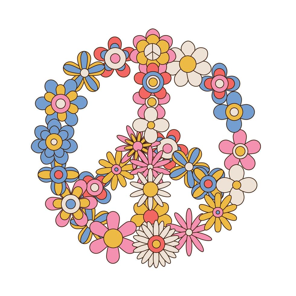 färgrik fred blomma symbol. famos tecken tillverkad av daisy blommor. linjär Färg vektor illustration.
