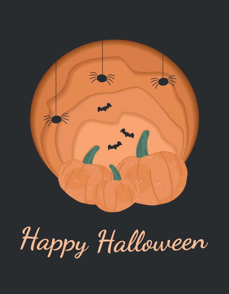 Postkarte über Happy Halloween Paper Cut Style, Vektorgrafik isoliert auf dunklem Hintergrund. Kürbisse, Silhouetten von hängenden Spinnen und Fledermäusen, dekoratives Design vektor