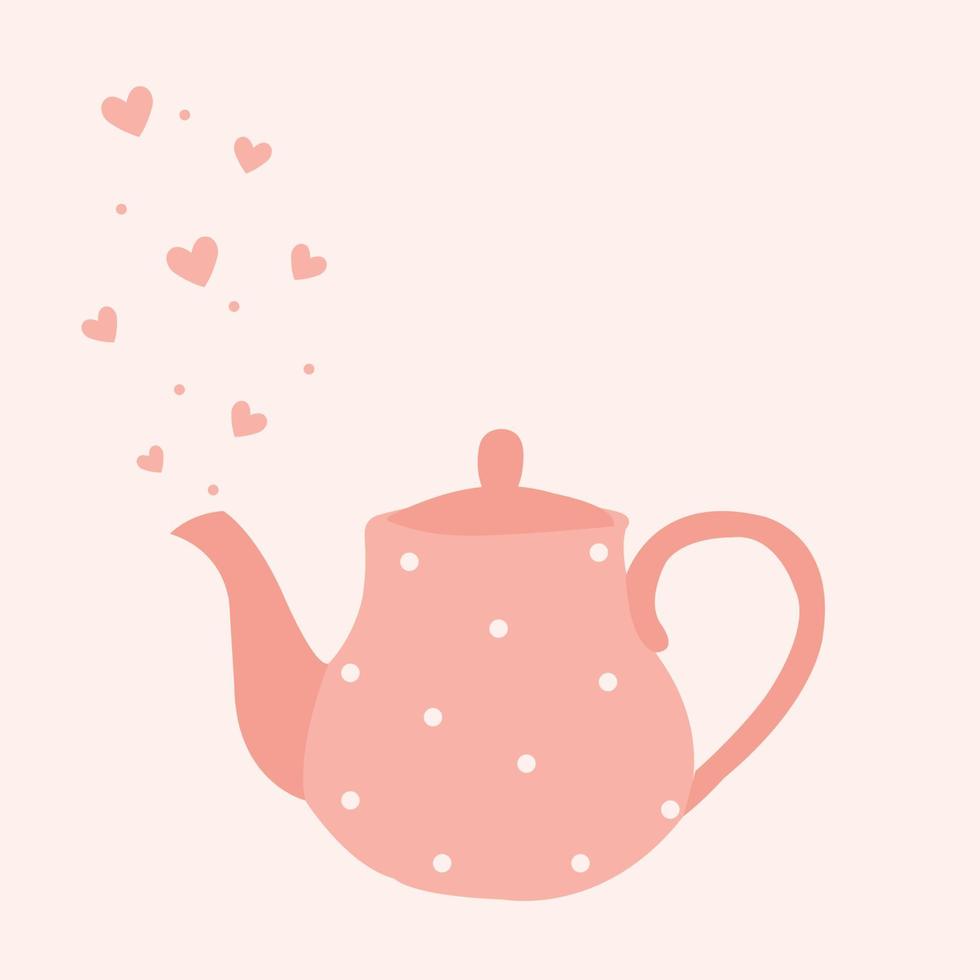 rosa tekanna med varm svart te illustration. vektor vattenkokare för mall och affisch skriva ut i rosa stil.