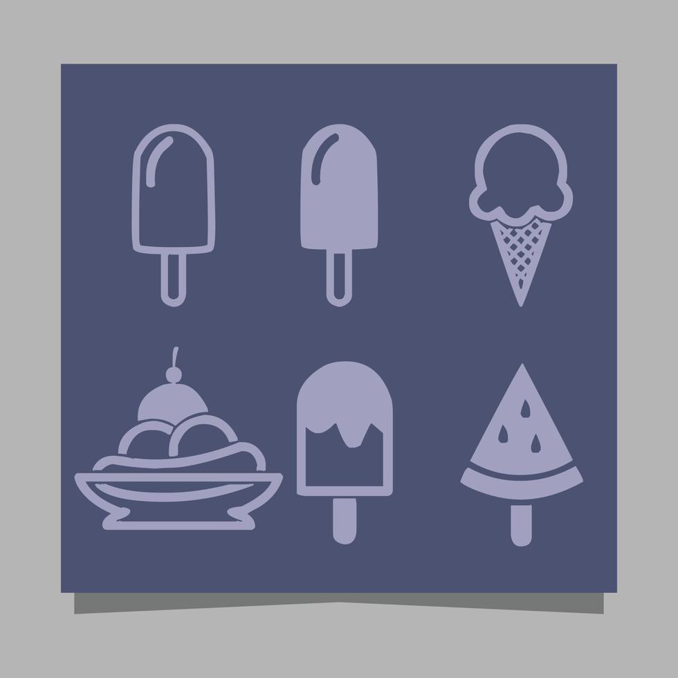 Auf Papier gezeichnete Eiscreme-Icons in verschiedenen Formen eignen sich perfekt, um etwas Süßes im Zusammenhang mit Eiscreme in Flyern, Logos, Bannern und anderen darzustellen. vektor