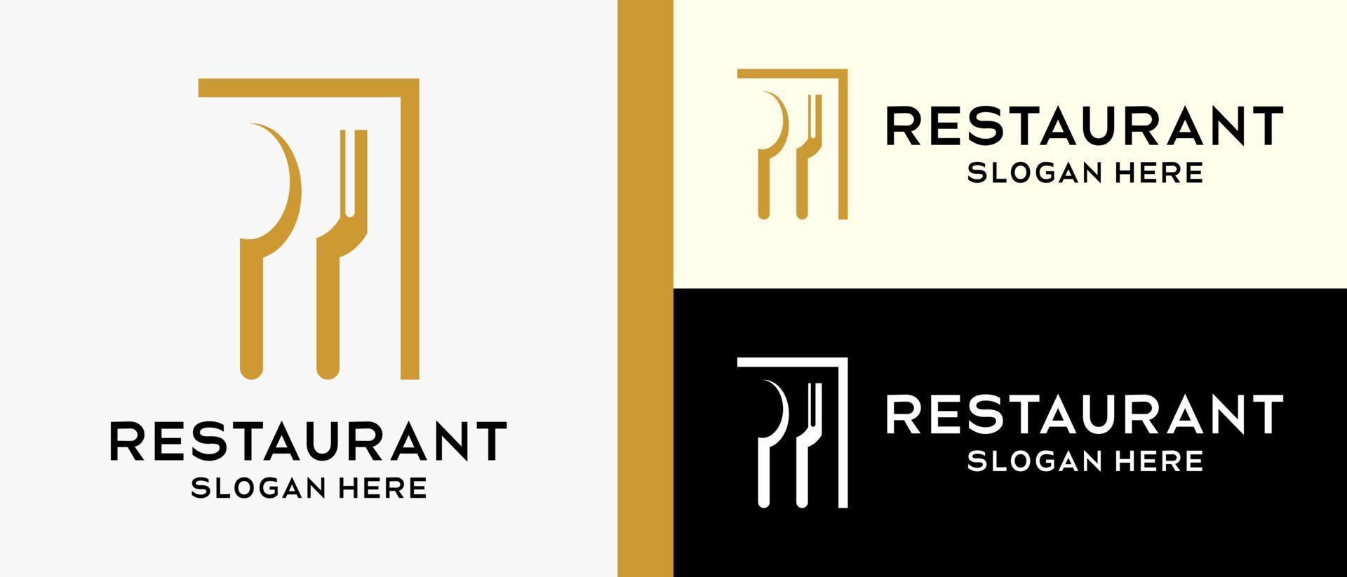 restaurang logotyp design mall, sked och gaffel med silhuett skugga i låda. vektor illustration
