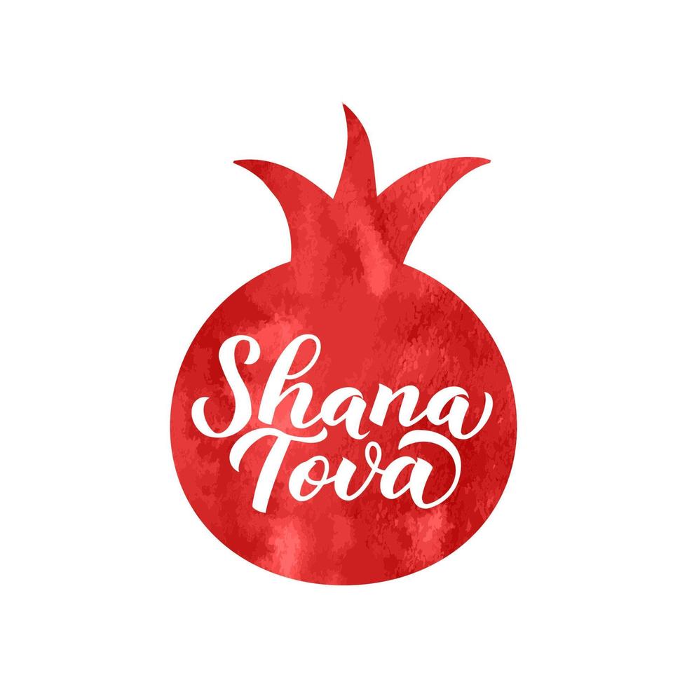 shana tova kalligrafie-schriftzug auf aquarellgranatapfel geschrieben. rosh hashana - jüdischer feiertag neujahr. vektorvorlage für banner, typografieplakat, grußkarte, einladung, flyer, t-shirt. vektor