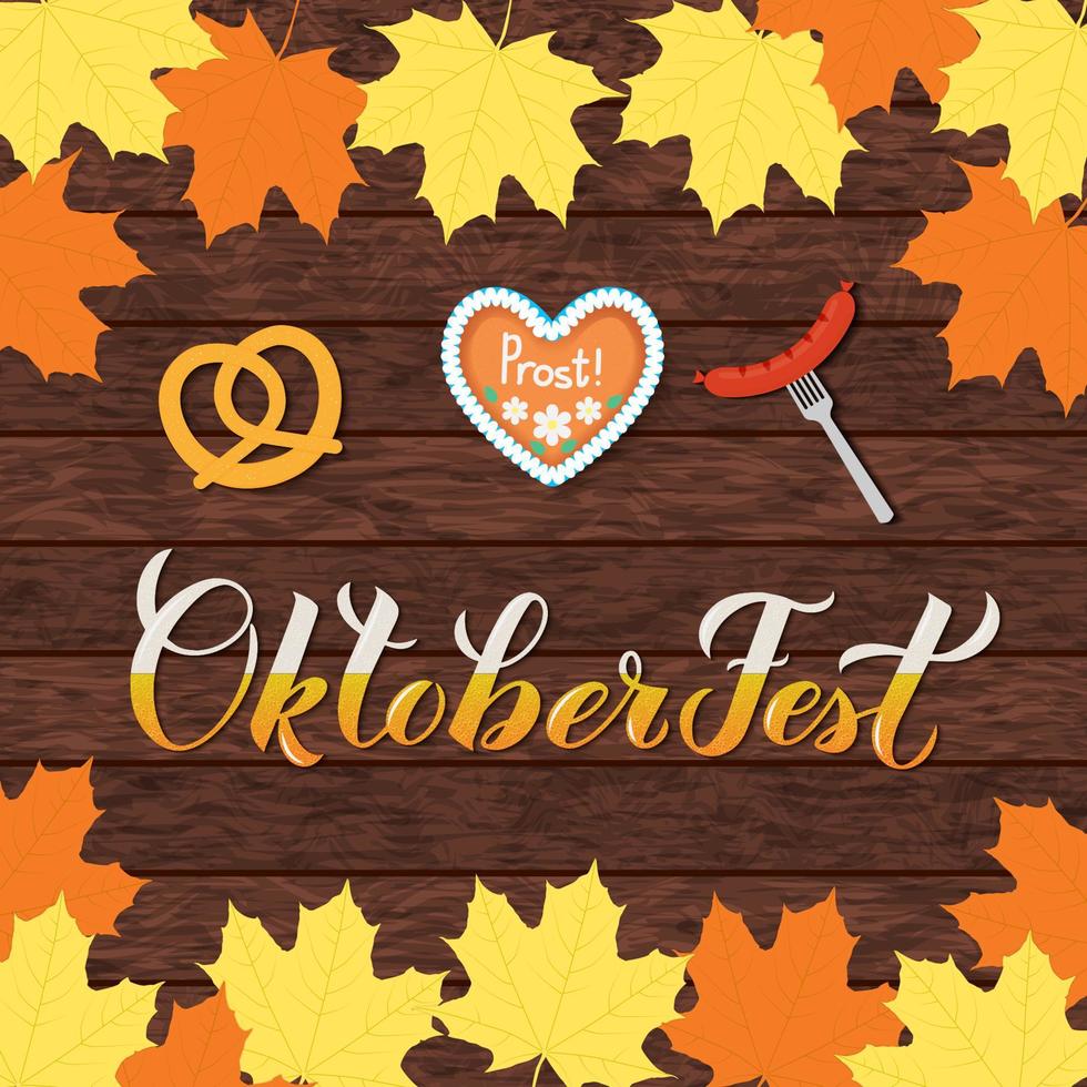 oktoberfest kalligrafi hand text på trä bakgrund. traditionell bavarian öl festival. lätt till redigera vektor mall för din logotyp design, affisch, baner, flygblad, inbjudan, etc.