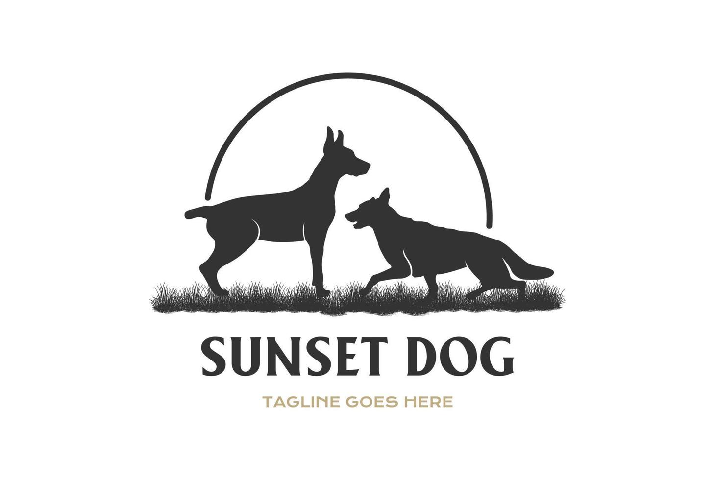 Sonnenuntergang Sonnenaufgang Dobermann Pinscher und Deutscher Schäferhund auf Gras Logo Design Vektor